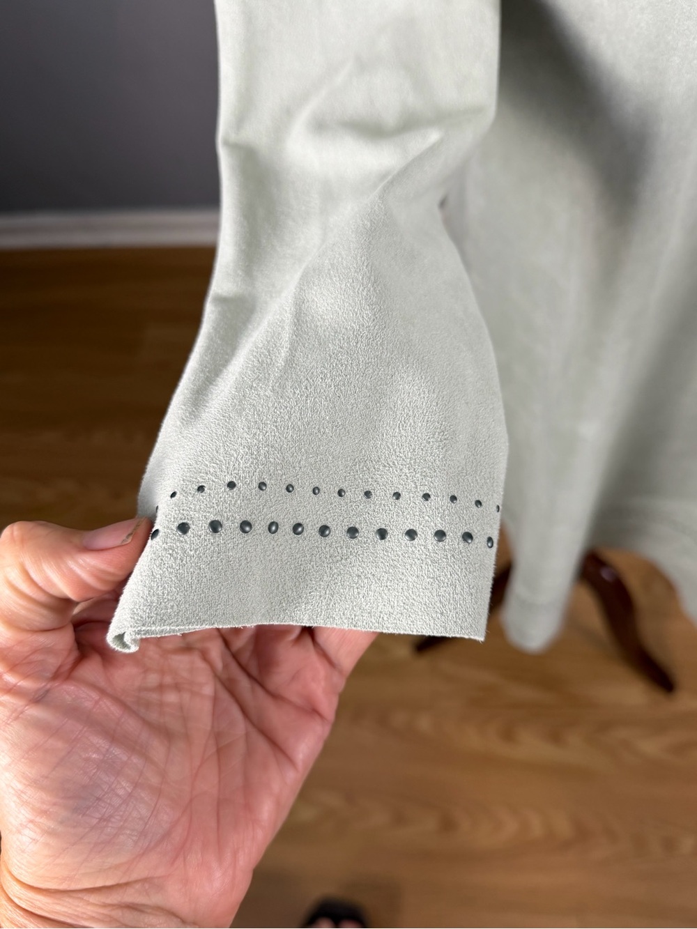Soft Surroundings Sage Green Ambrosia Dress Faux Suede Embellishments. - Picture 5 of 7